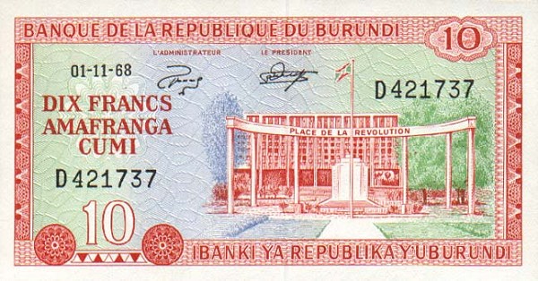 Front of Burundi p20a: 10 Francs from 1968