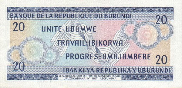 Back of Burundi p21a: 20 Francs from 1968