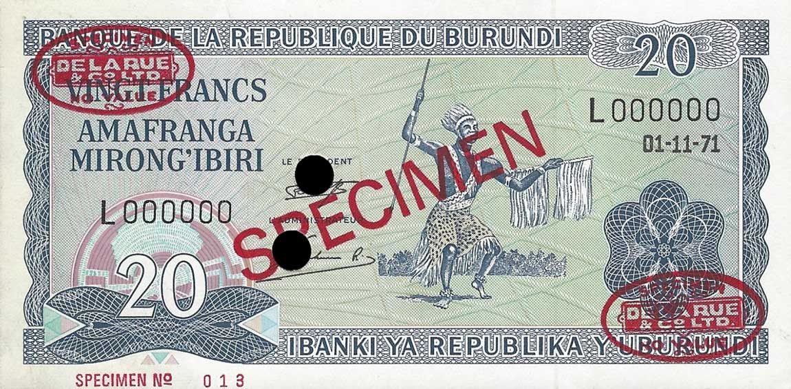 Front of Burundi p21s: 20 Francs from 1968