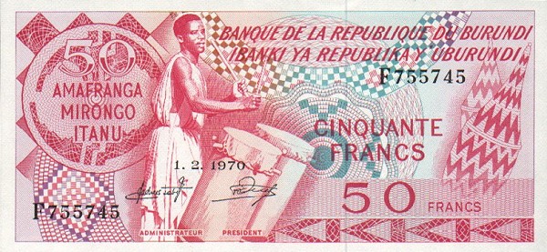 Front of Burundi p22b: 50 Francs from 1970