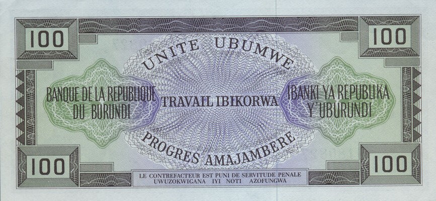 Back of Burundi p23a: 100 Francs from 1968