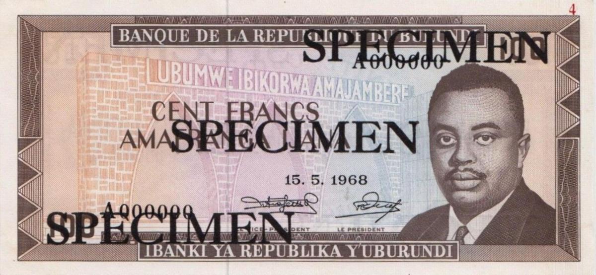 Front of Burundi p23s: 100 Francs from 1968