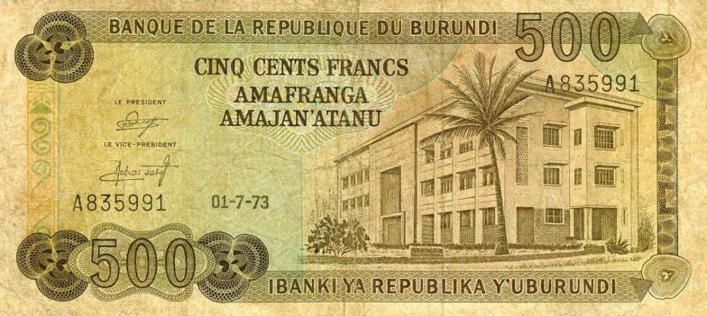 Front of Burundi p24c: 500 Francs from 1973