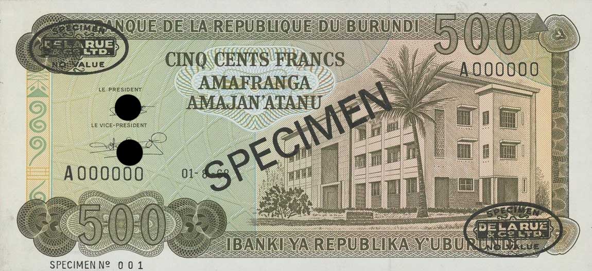 Front of Burundi p24s: 500 Francs from 1968