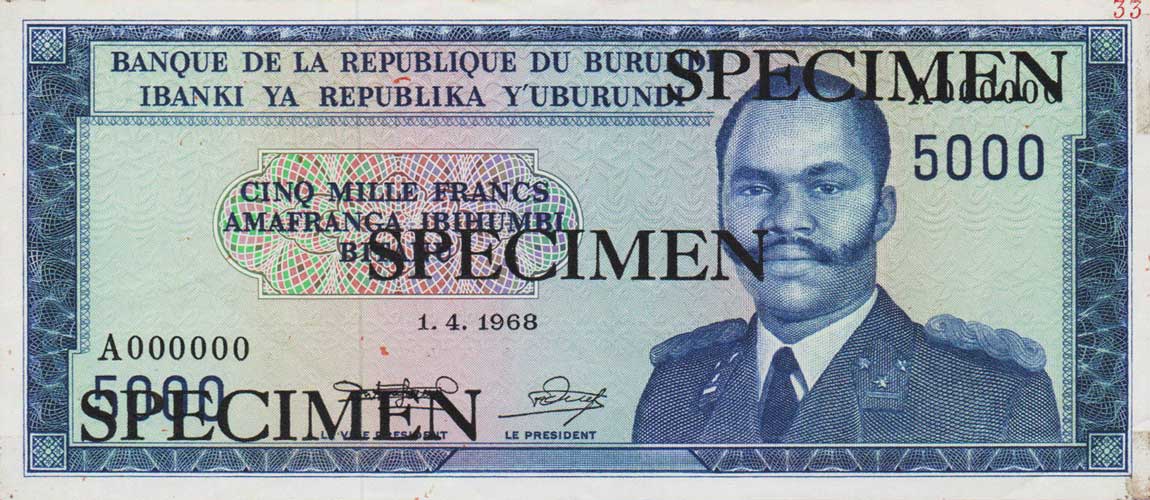 Front of Burundi p26s: 5000 Francs from 1968
