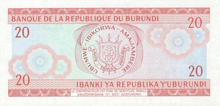 Back of Burundi p27a: 20 Francs from 1977