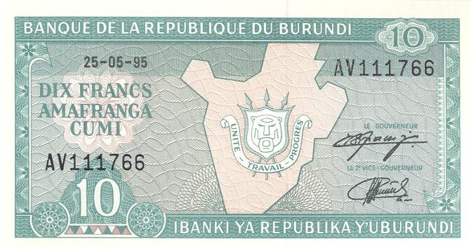 Front of Burundi p33c: 10 Francs from 1995