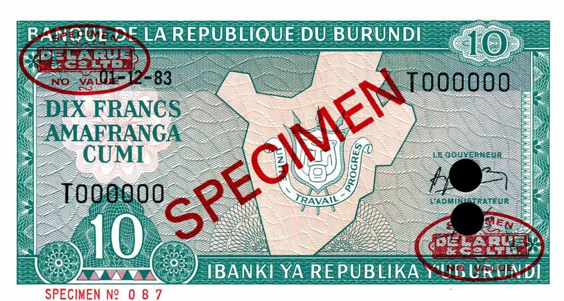 Front of Burundi p33s: 10 Francs from 1981