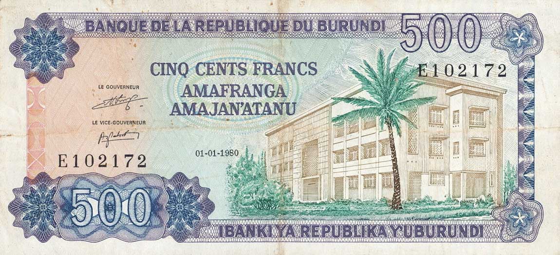 Front of Burundi p34b: 500 Francs from 1980