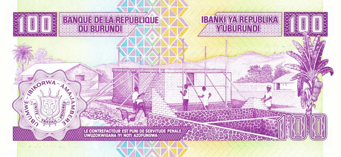 Back of Burundi p37b: 100 Francs from 1997