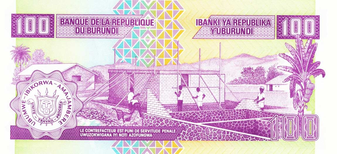 Back of Burundi p37d: 100 Francs from 2004
