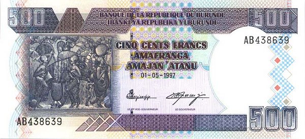 Front of Burundi p38b: 500 Francs from 1999