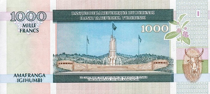 Back of Burundi p39b: 1000 Francs from 1997