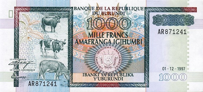 Front of Burundi p39b: 1000 Francs from 1997