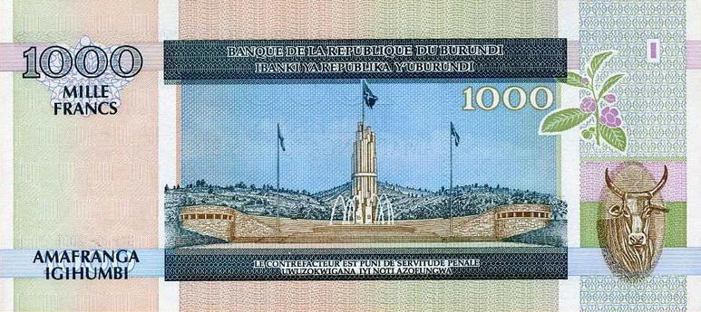 Back of Burundi p39d: 1000 Francs from 2006