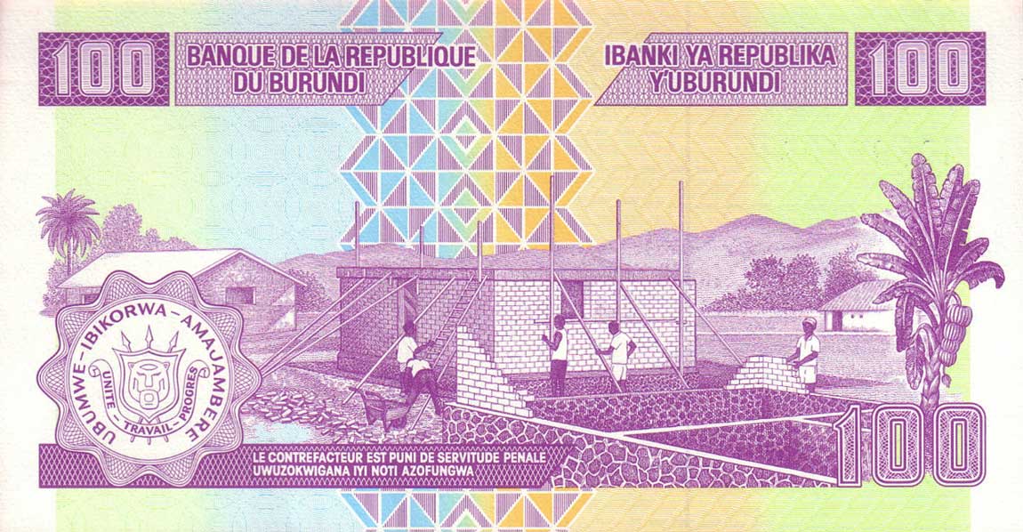 Back of Burundi p44b: 100 Francs from 2011