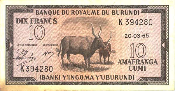 Front of Burundi p9a: 10 Francs from 1964