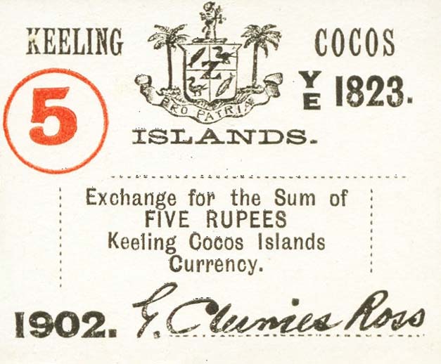 Front of Keeling Cocos pS128: 5 Rupees from 1902