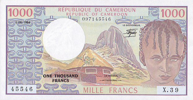 Front of Cameroon p21: 1000 Francs from 1984