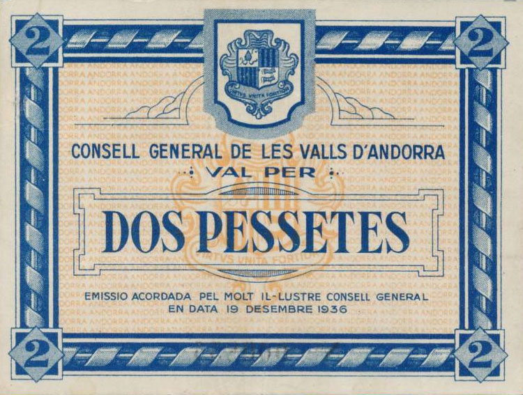 Front of Andorra p2: 2 Pessetes from 1936