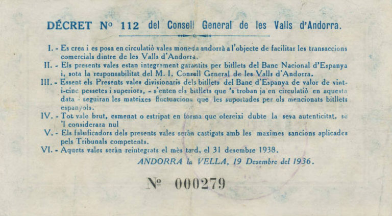 Back of Andorra p4: 10 Pessetes from 1936