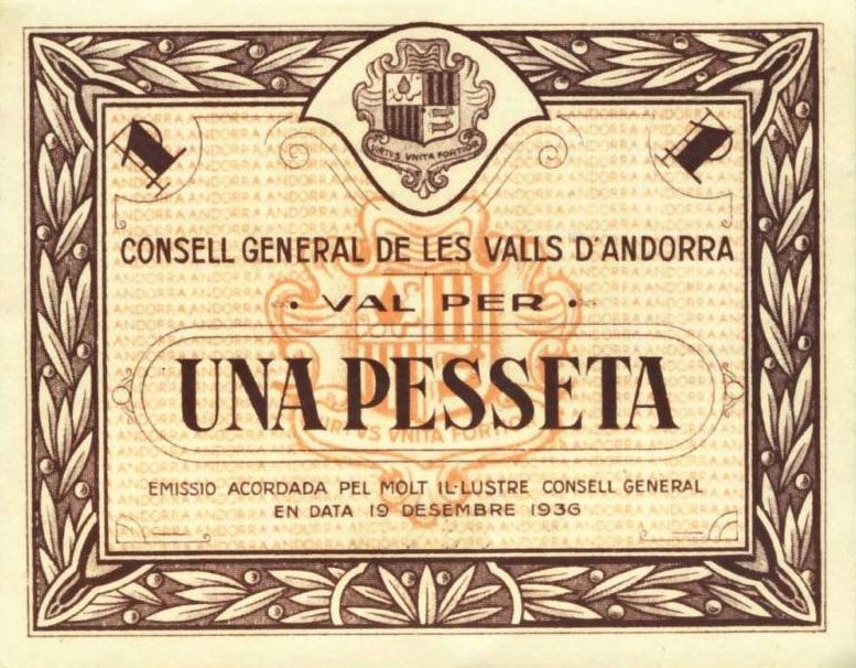Front of Andorra p6: 1 Pesseta from 1936