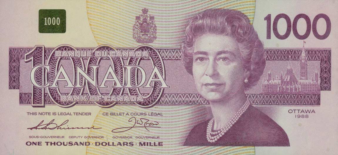 Front of Canada p100a: 1000 Dollars from 1988