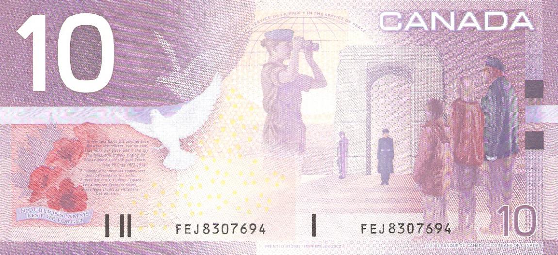 Back of Canada p102c: 10 Dollars from 2002