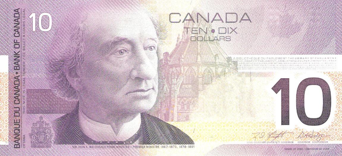 Front of Canada p102c: 10 Dollars from 2002