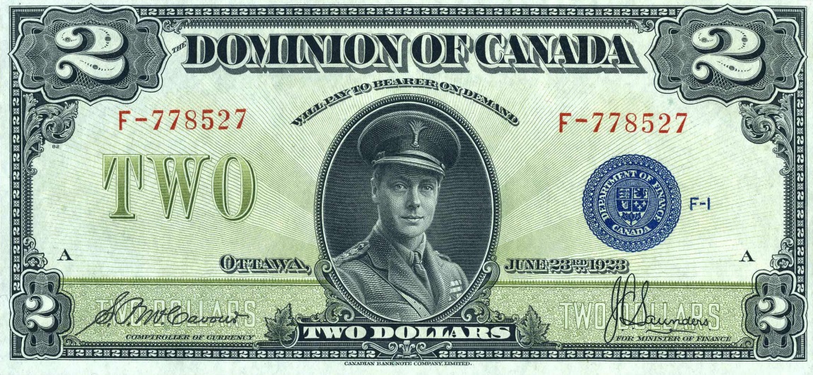 Front of Canada p34c: 2 Dollars from 1923