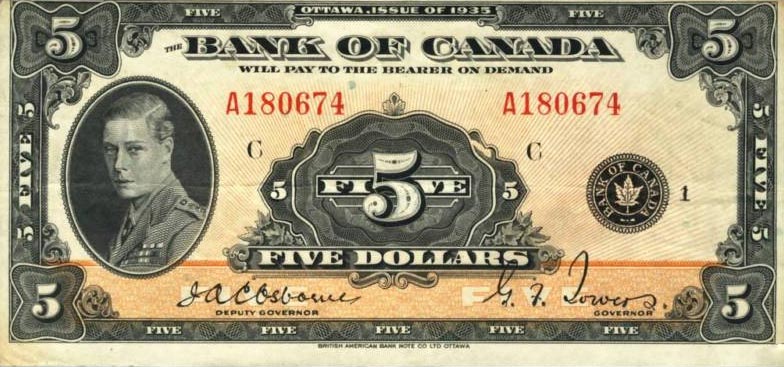 Front of Canada p42: 5 Dollars from 1935