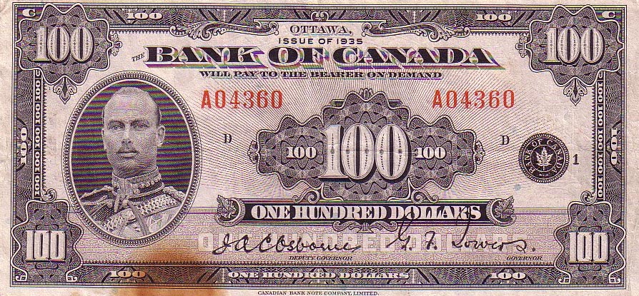 Front of Canada p52: 100 Dollars from 1935