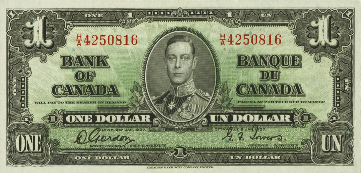 Front of Canada p58b: 1 Dollar from 1937