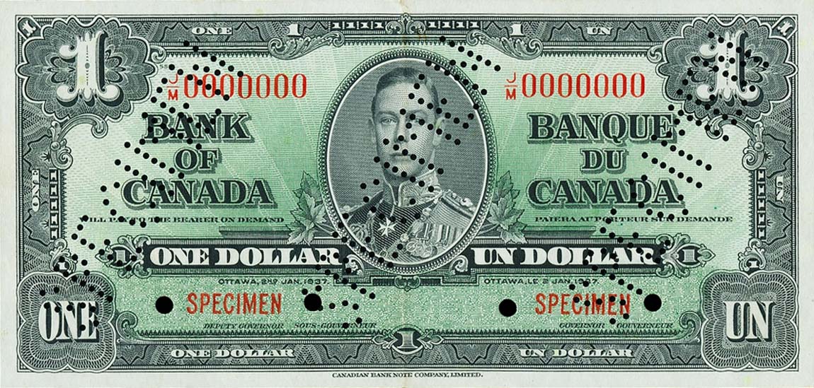 Front of Canada p58s: 1 Dollar from 1937