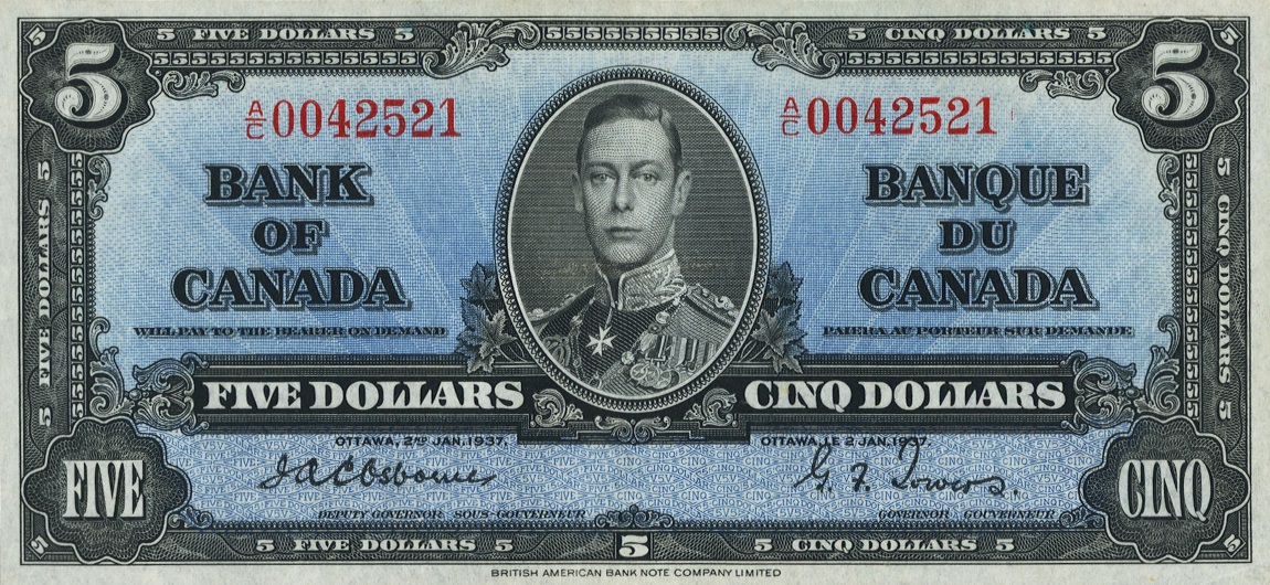 Front of Canada p60a: 5 Dollars from 1937