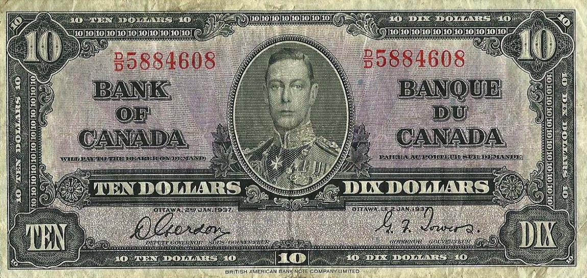 Front of Canada p61b: 10 Dollars from 1937