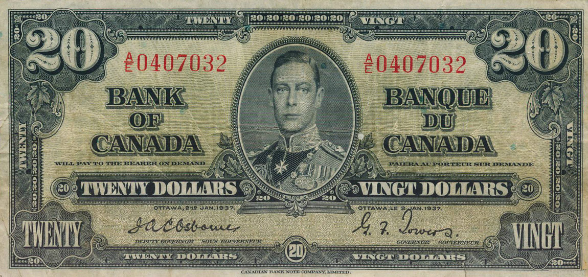 Front of Canada p62a: 20 Dollars from 1937