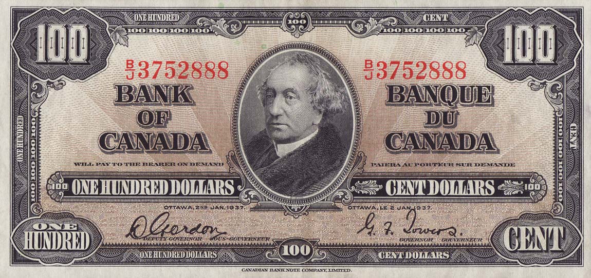 Front of Canada p64b: 100 Dollars from 1937
