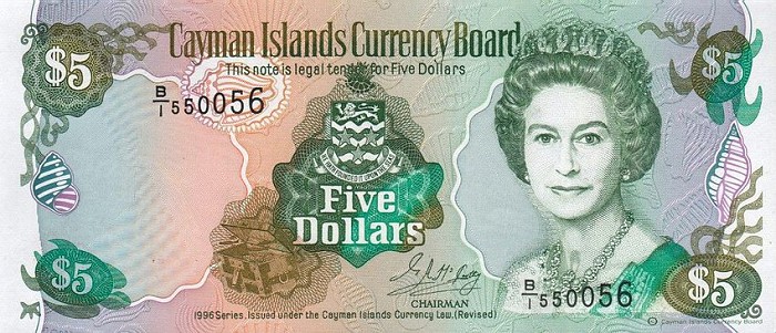 Front of Cayman Islands p17: 5 Dollars from 1996