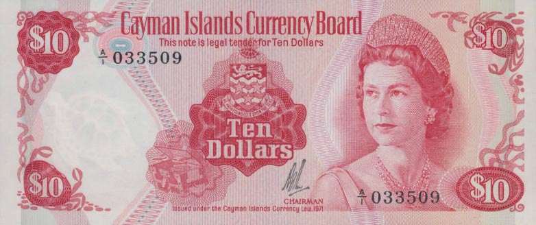 Front of Cayman Islands p3a: 10 Dollars from 1971