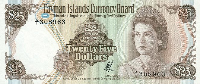 Front of Cayman Islands p4a: 25 Dollars from 1971