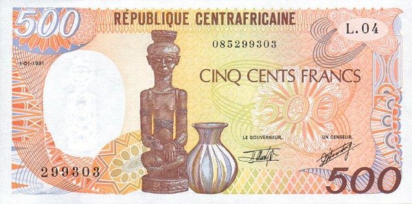 Front of Central African Republic p14d: 500 Francs from 1989