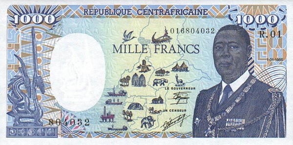 Front of Central African Republic p15: 1000 Francs from 1985