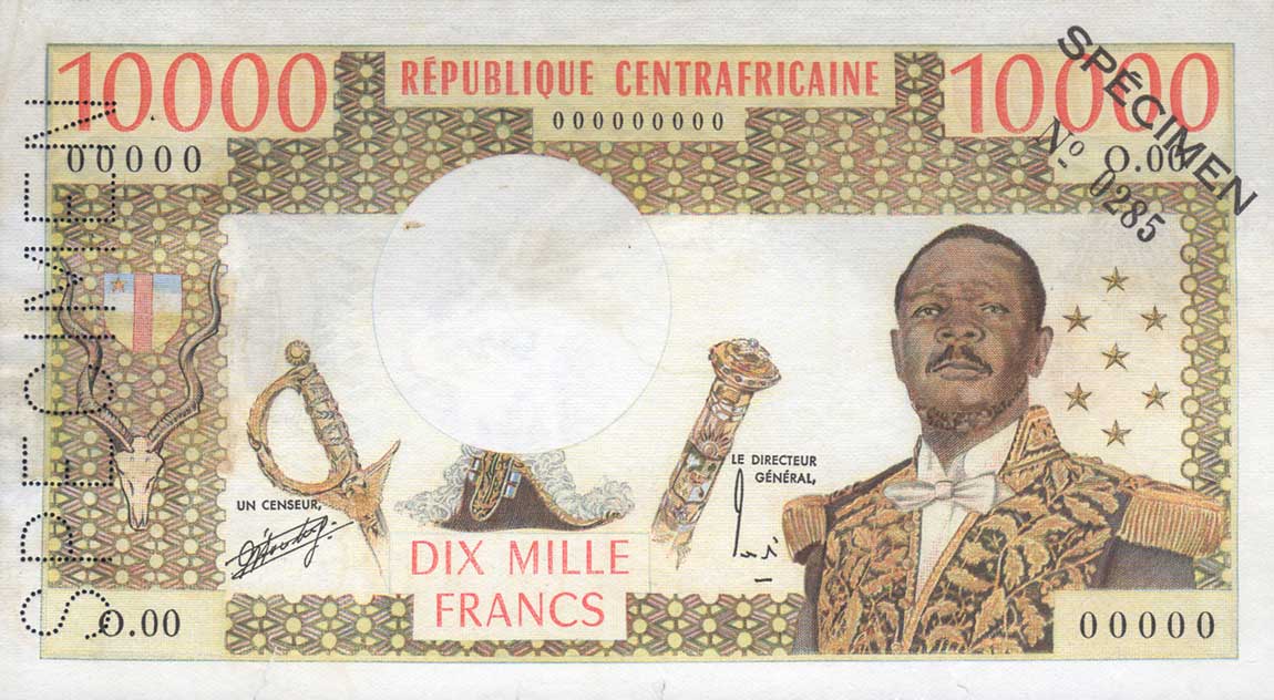 Front of Central African Republic p4s: 10000 Francs from 1976