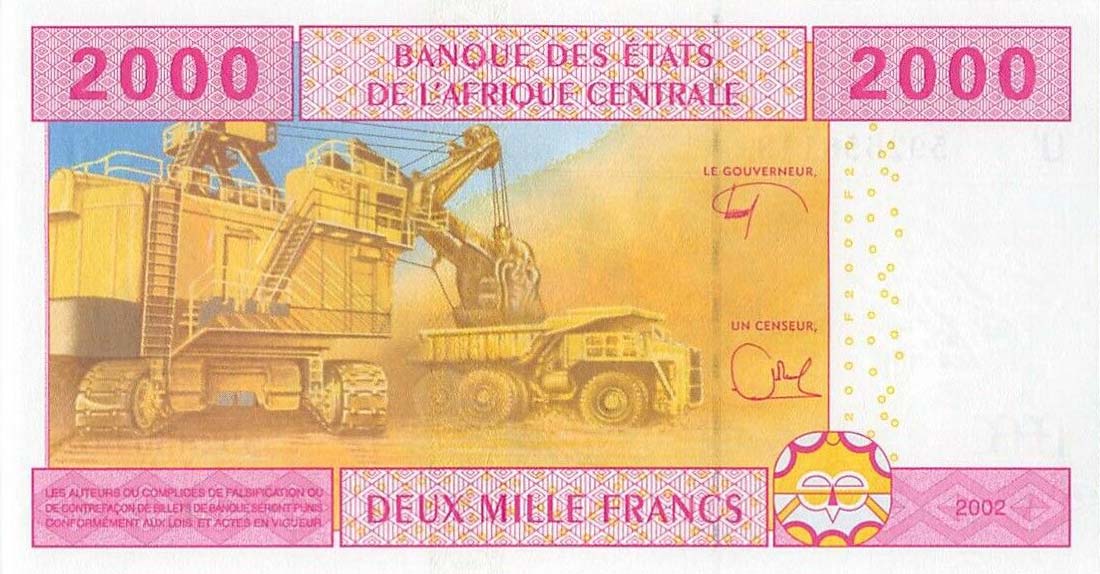 Back of Central African States p208Ue: 2000 Francs from 2002