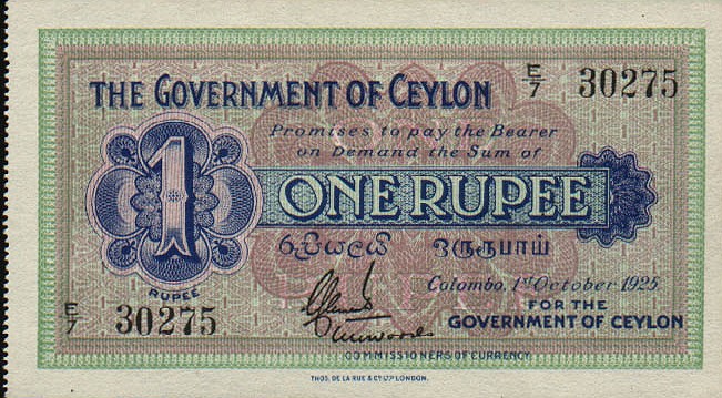 Front of Ceylon p16b: 1 Rupee from 1925