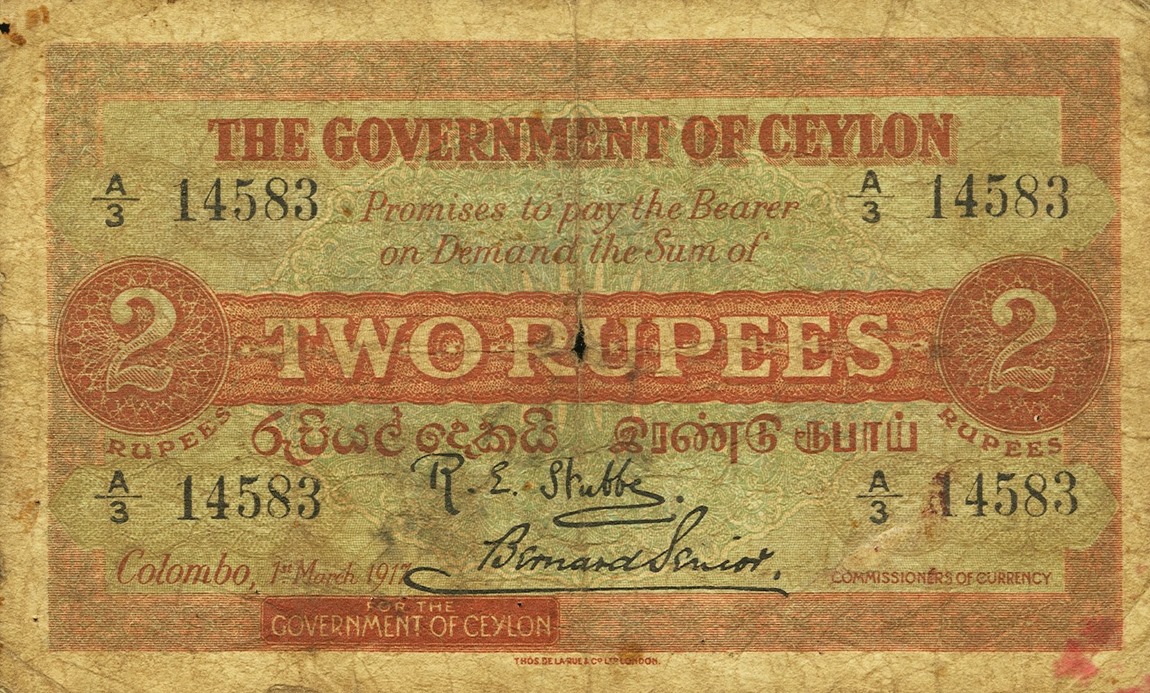 Front of Ceylon p17: 2 Rupees from 1917