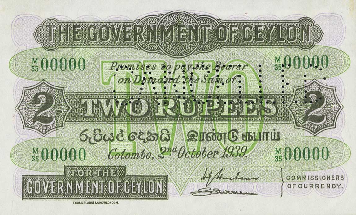 Front of Ceylon p21s: 2 Rupees from 1925