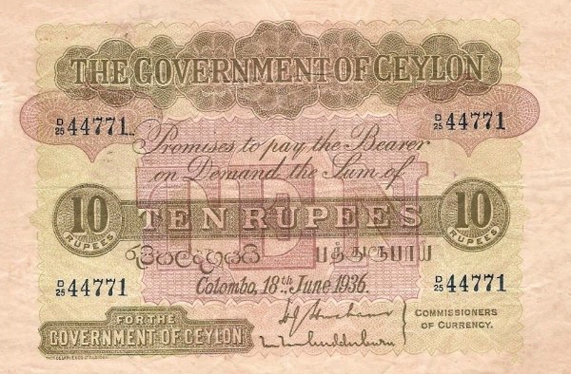 Front of Ceylon p25b: 10 Rupees from 1936