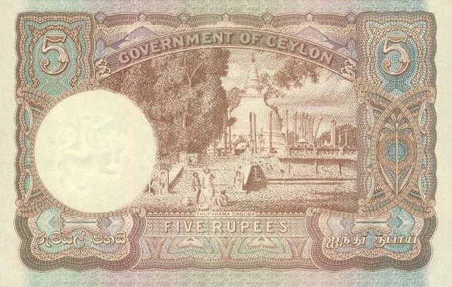 Back of Ceylon p36a: 5 Rupees from 1941